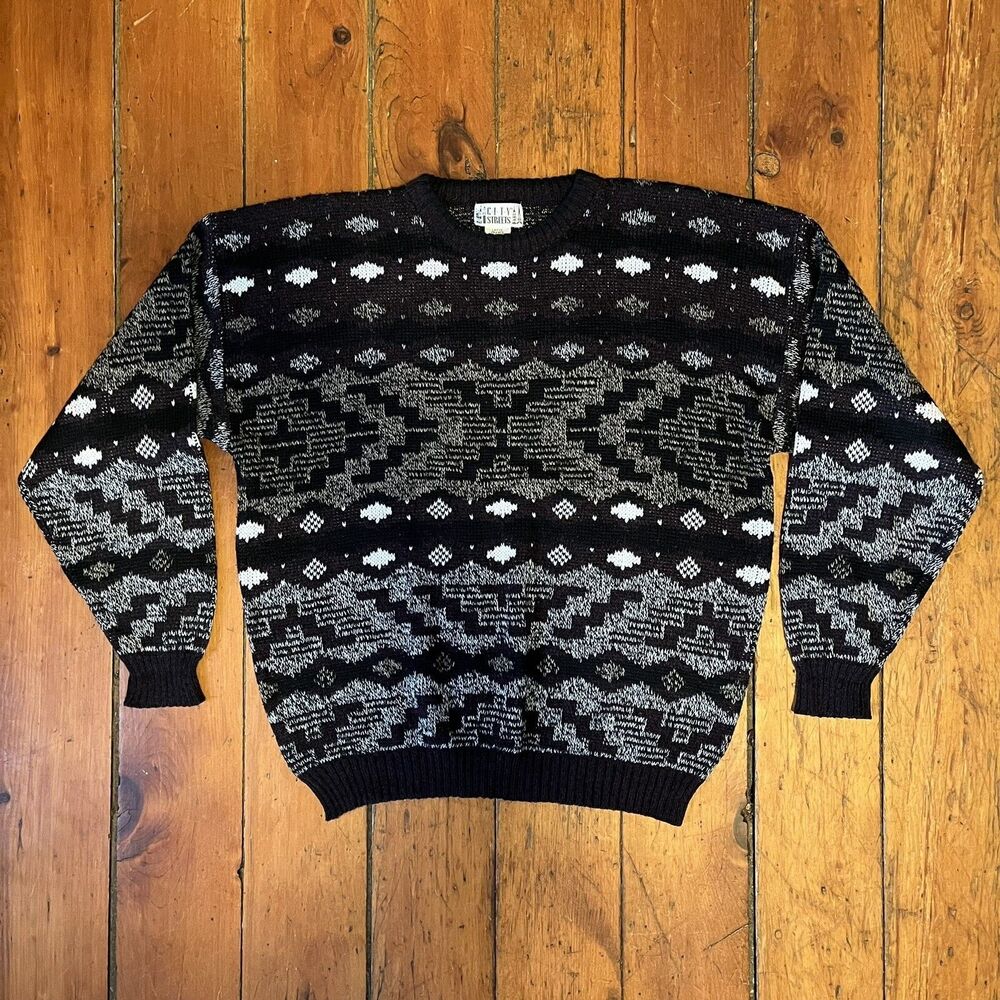 Vintage City Streets Knit Grandpa Sweater Mens Large Black White Acrylic 3D